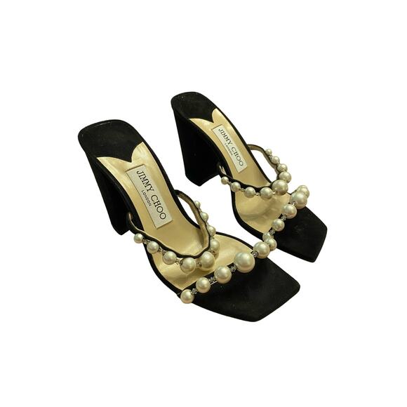 Jimmy Choo Amara 85 Faux Beads Pearl Embellished Sandals Block Heel Suede Sz 36 - Picture 3 of 14